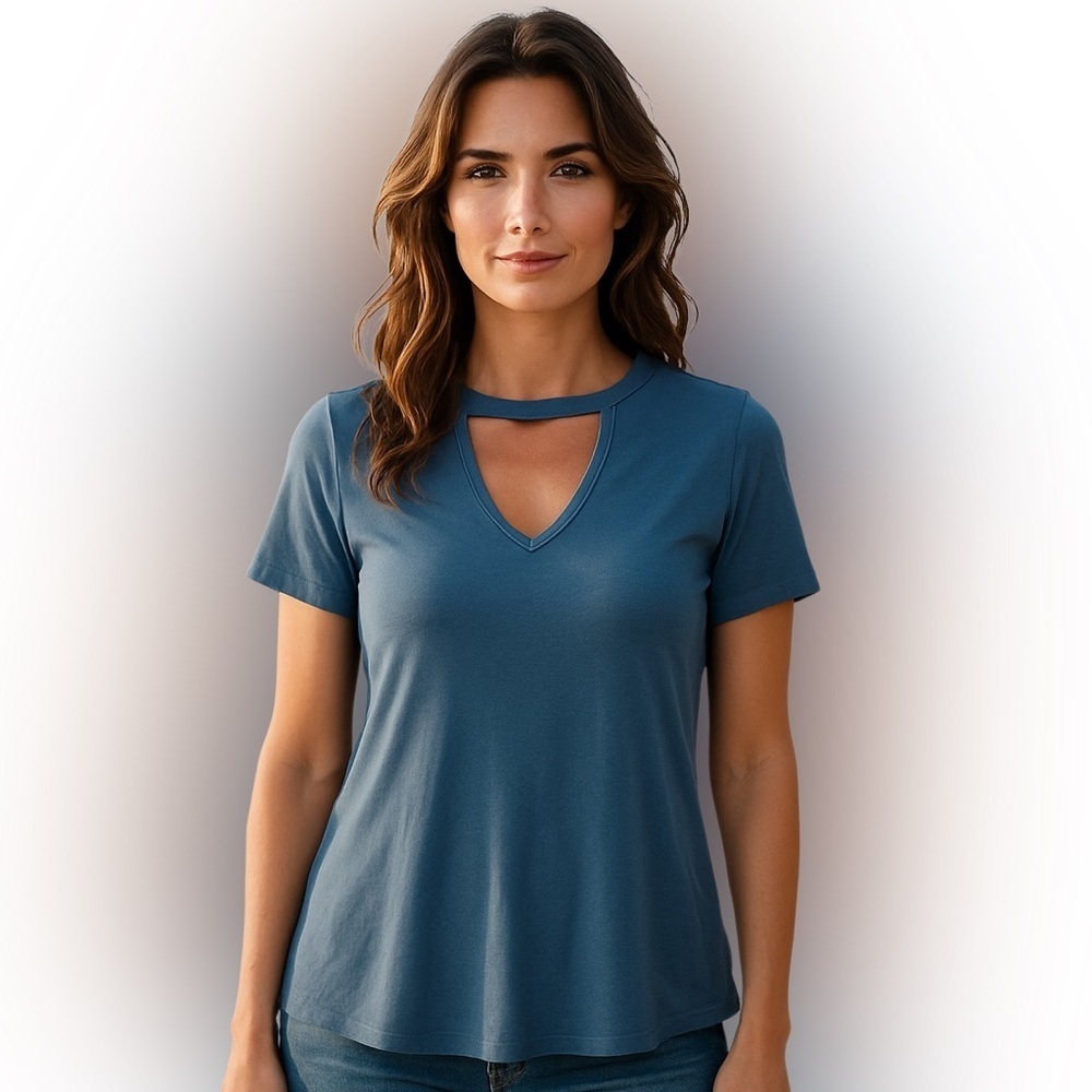 Kim & Cami blouse swing a-line rib fabric keyhole front back denim blue size L